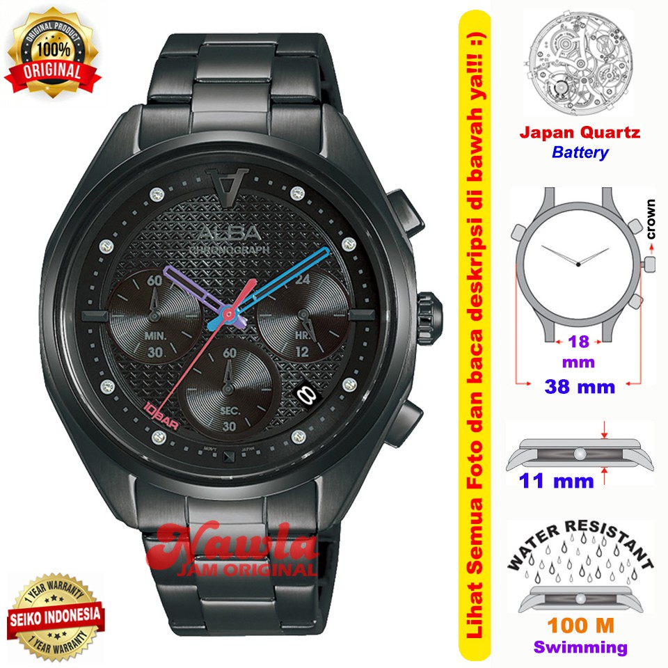 Alba Ladies AT3H01X1 Chronograph Tokyo Neon - Jam Tangan Wanita AT3H01 Full Black