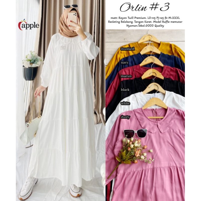 Orline Dress Maxy Gamis Polos Putih Hitam Katun Rayon Rempel Susun Ld 115 Jumbo Fit XXL By Apple