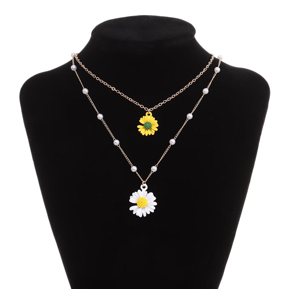 R-flower Daisy Flower Kalung Bohemian Kuning Kerah Putih Jewellery Double Layered