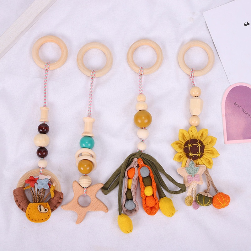 Mary 4pcs / Set Mainan Rattle Teether Ring Kayu Gantung Stroller Bayi