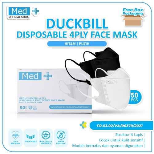 Med+ Masker Duckbill 4ply Putih/Hitam 50 Pcs / Masker Duckbill Kemenkes Disposable Face Mask