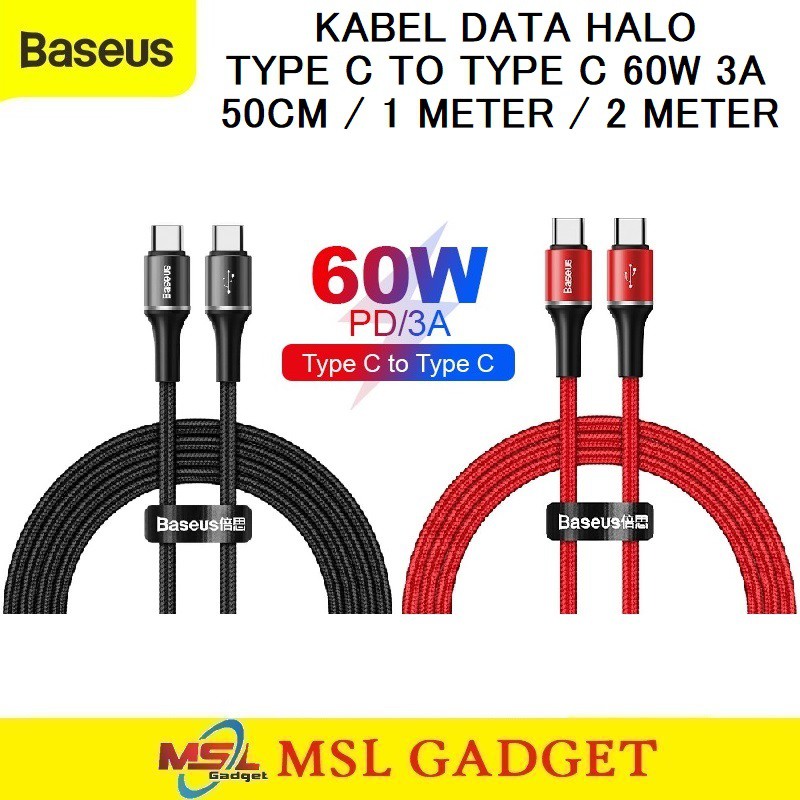 baseus kabel data type c to type c 60w pd qc3 0 fast charging panjang pendek halo