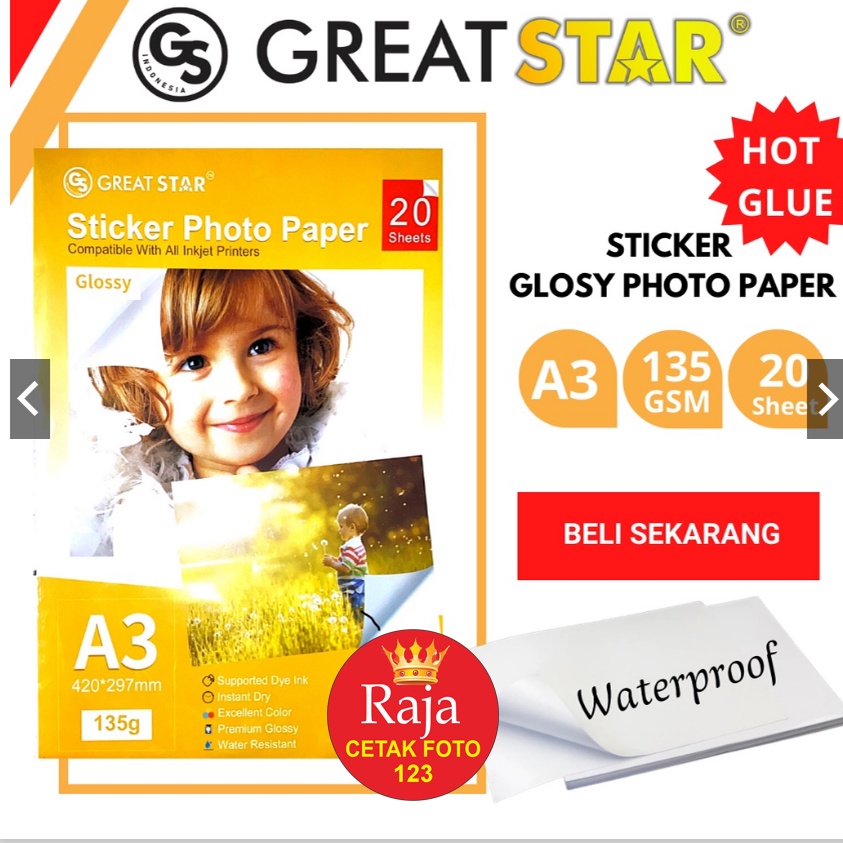 

STICKER GLOSSY PHOTO PAPER A3/20 LEMBAR