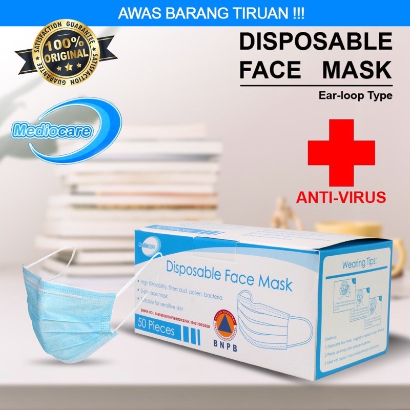 Masker Medis 3 Ply Disposable Mask Earloop 1 Box isi 50 Pcs