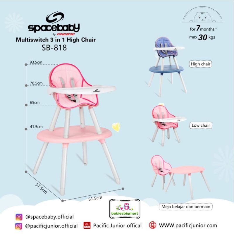 High Chair Space Baby SB-818 Multiswitch 3in1 Booster Seat Kursi Makan Bayi