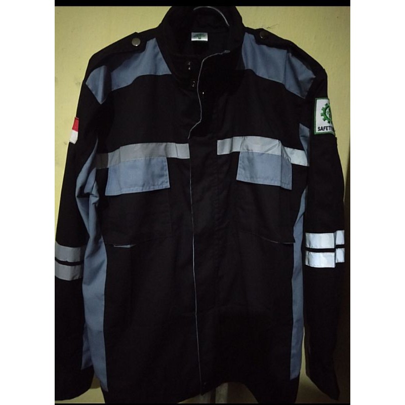 SEMI JAKET SERAGAM BAJU SAFETY ABU HITAM PREMIUM KAIN DRILL BERLOGO K3 BENDERA REAL PICTURE