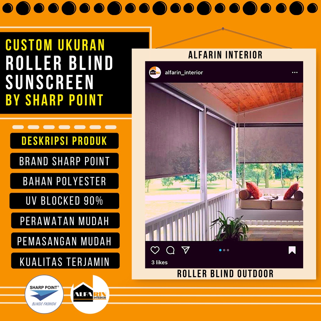 CUSTOM TIRAI KREY GORDEN ROLLER BLIND SHARP POINT SOLAR SCREEN OUTDOOR