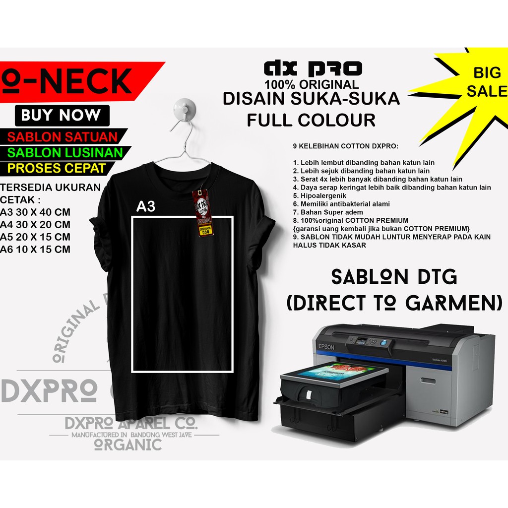 Kaos Baju Sablon satuan ukuran A3 A4 A5 Custom DTG warna 