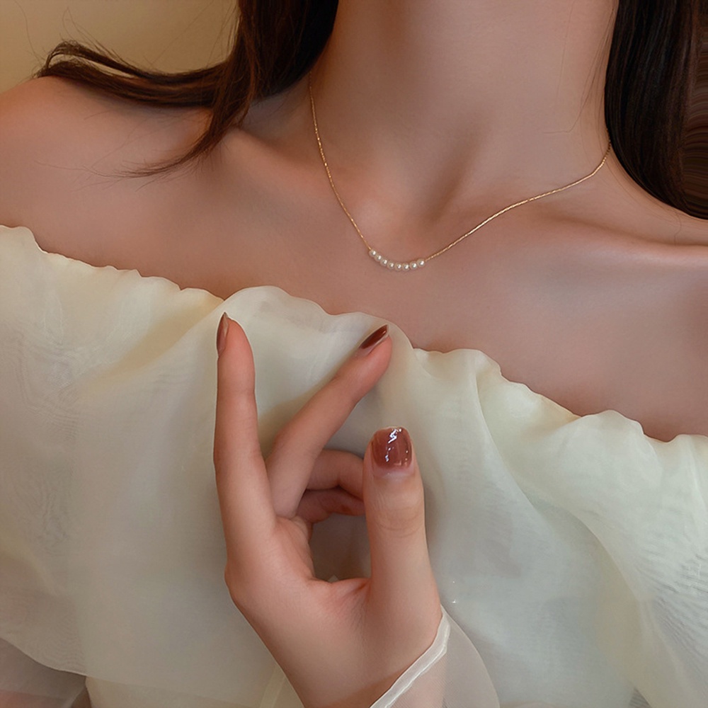 【COD Tangding】Kalung Rantai Tipis Aksen Mutiara Bentuk Geometris