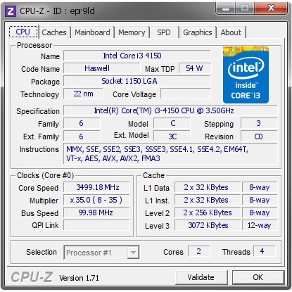 Processor Intel Core i3 4150 Tray Socket 1150 Gen 4 Haswell