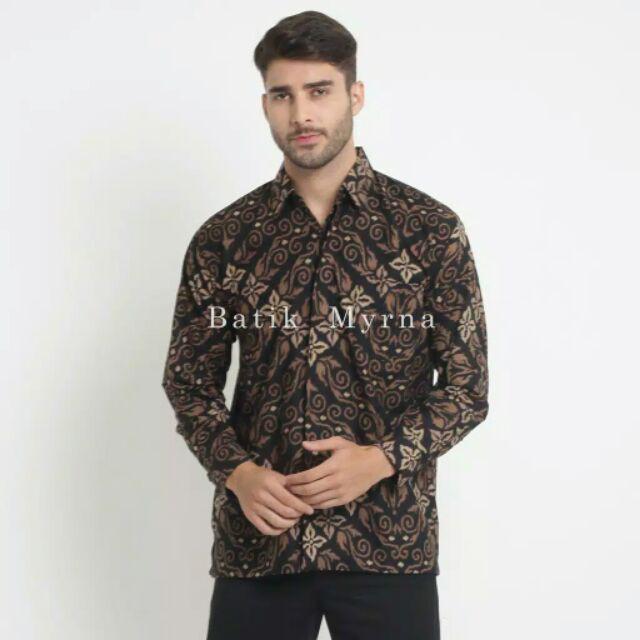 Batik Myrna - Kemeja Batik Atasan Pria Lengan Panjang Atasan Motif Songket Coklat
