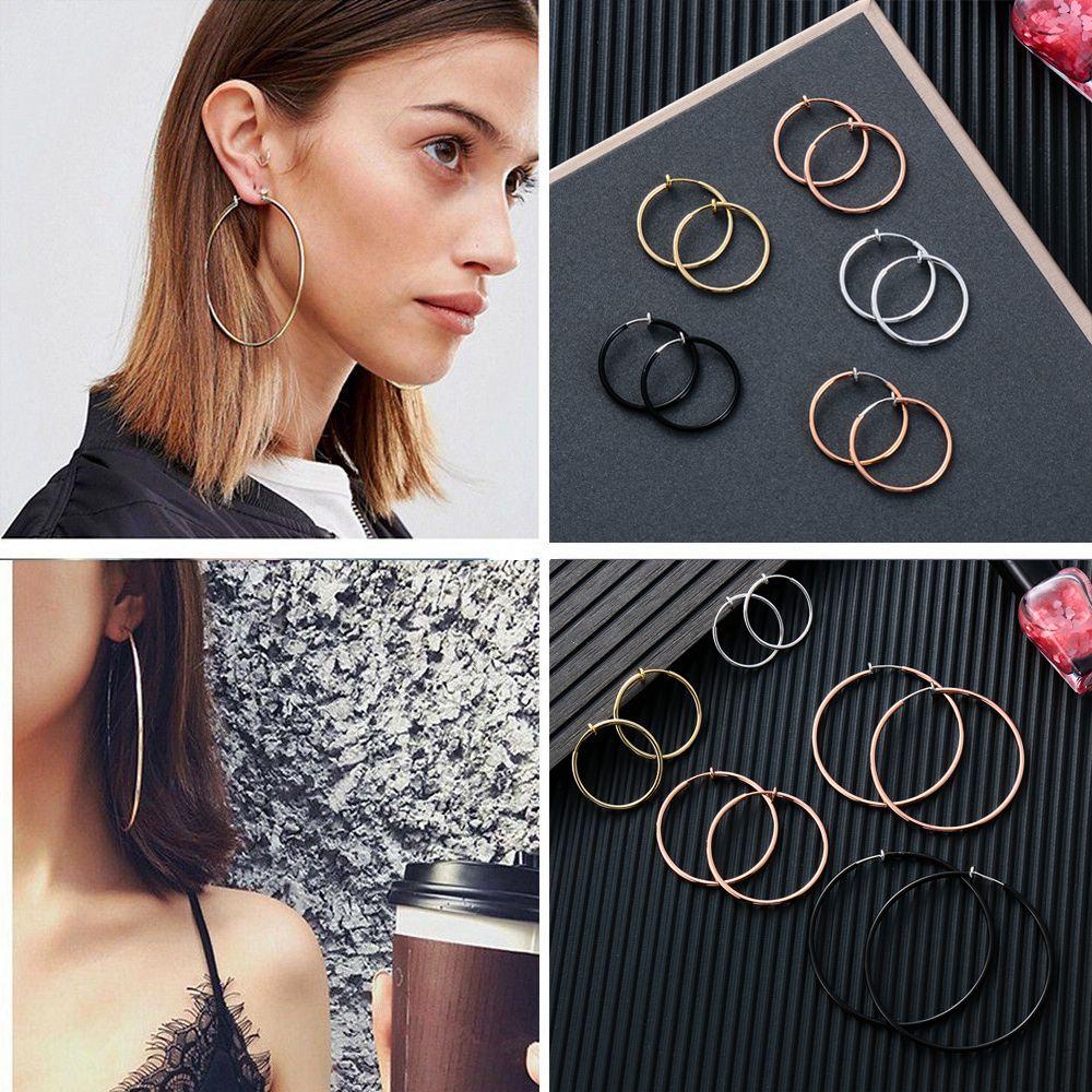 Suyo Anting Lingkaran Besar Perhiasan Punk Musim Semi Klip On Goth Ear Clips