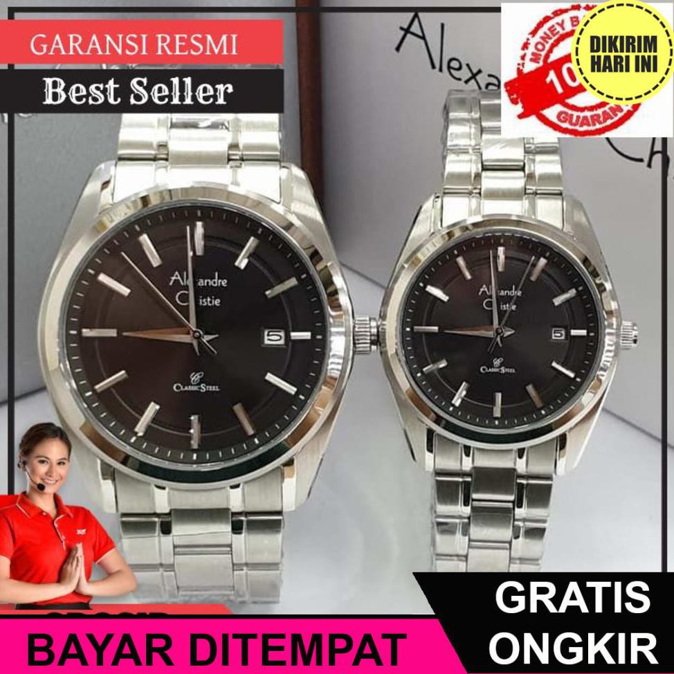 (BAYAR DITEMPAT) OE4191 JAM TANGAN ALEXANDRE CHRISTIE AC 8618 SILVER BLACK PASANGAN COUPLE ORIGINAL