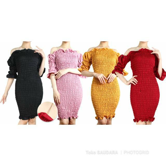 Dress sabrina full kerut tangan 3/4