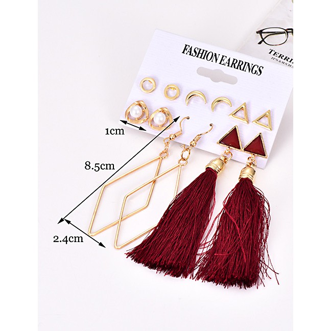 LRC Anting Set Fashion Wine Red Alloy Moon Tassel Earrings Stud Earrings Set F47831