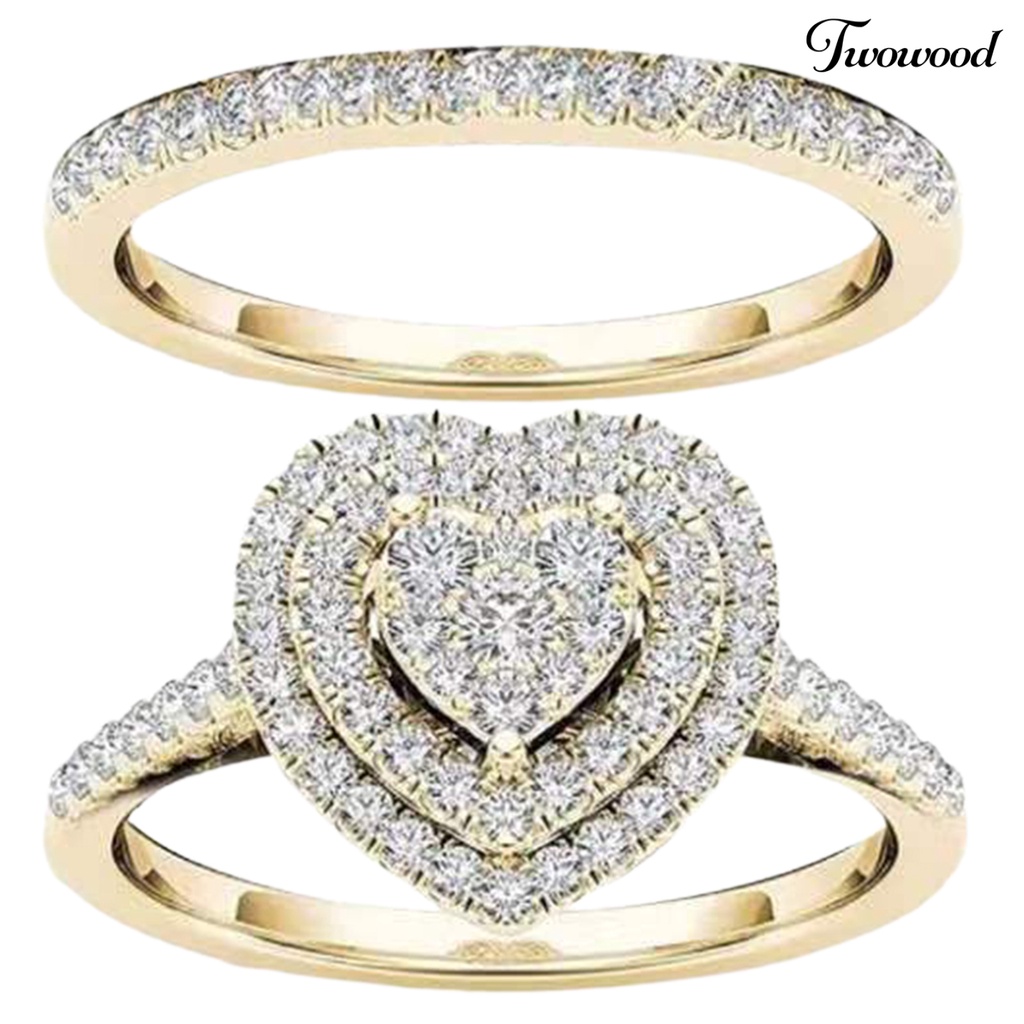 2pcs / Set Cincin Berlian Imitasi Bentuk Hati Bahan Alloy Untuk Pengantin Wanita