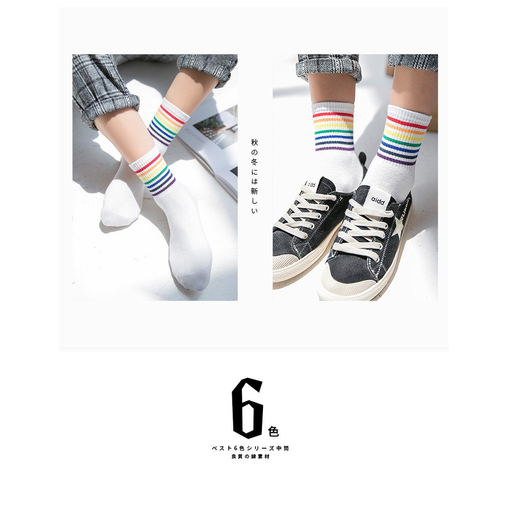 KK-50 kaos kaki wanita cotton tebal olahraga casual strip rainbow pelangi socks import jepang