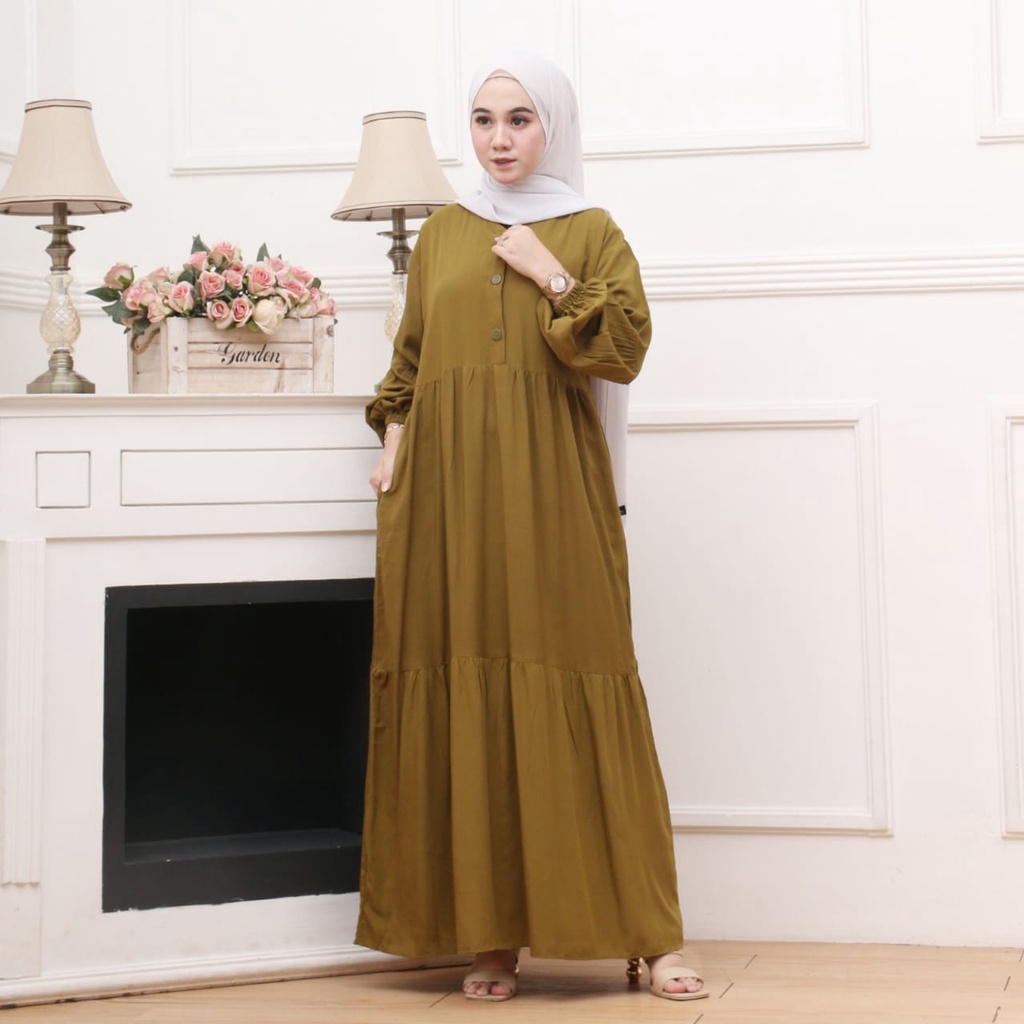 GAMIS RAYON MAXI MODEL LENGAN BALON | GAMIS CANDA MAXI | GAMIS RAYON POLOS SUSUN BUSUI FRIENDLY 3 KANCING DEPAN ATAS