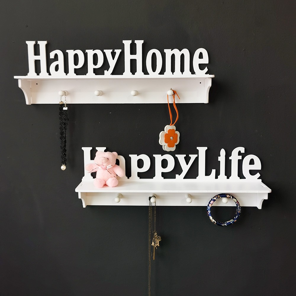 Rak dinding vintage HAPPY LIFE (dengan 4buah hook gantungan )up