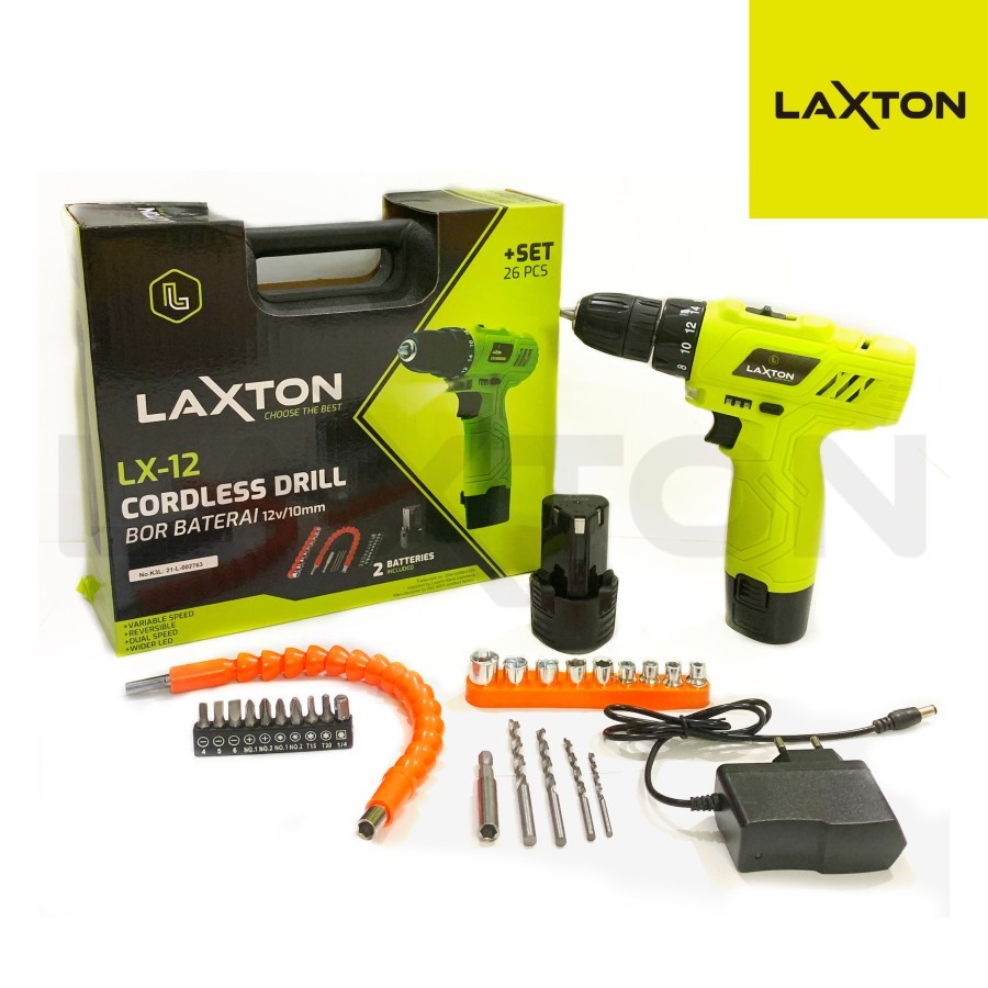 LAXTON Mesin Bor Cordless SET 26 pcs 12v Baterai Tangan drill 10 mm