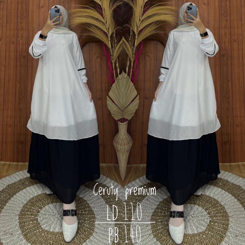 Baju Gamis Seragam Kerja Pegawai PNS PDH Pemda Hitam Putih Ceruty Babydoll Full Furing-3