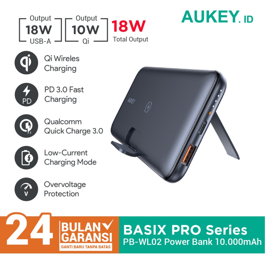 Aukey Powerbank PB-WL02 Wireless Charging 10000mAh with PD&amp;QC - 500491