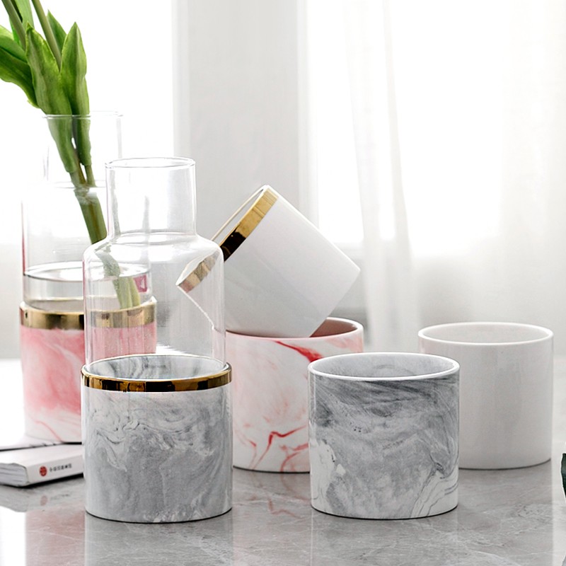 Vas / Pot Bunga Marble Marmer Keramik / Kaca Planter Tanaman Lis Gold [ Besar ]
