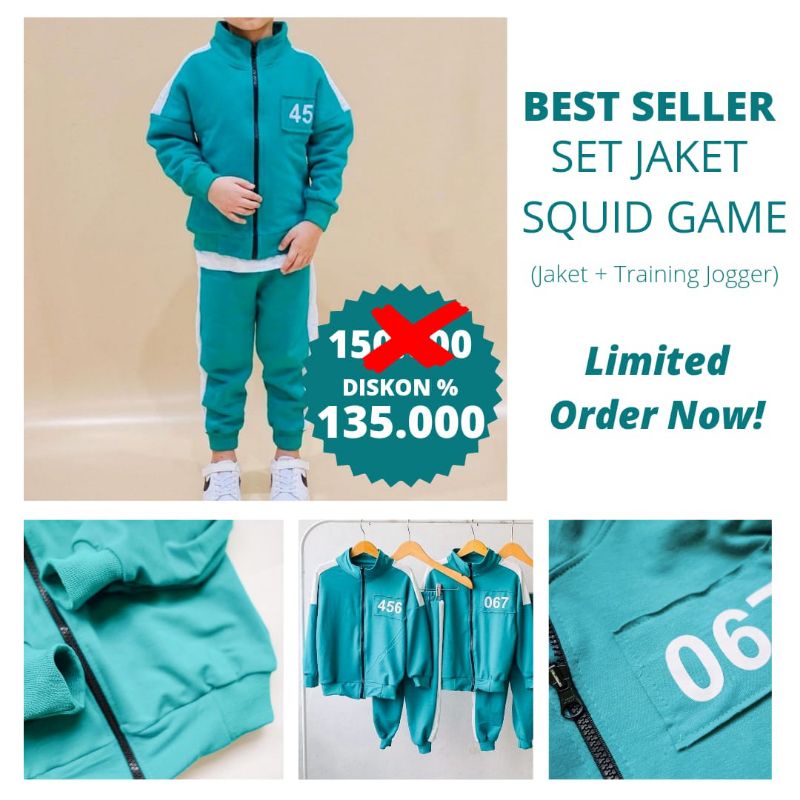 Setelan Jaket Anak Squid Game Laki Laki Jacket Anak Cowok dan Cewek Celana Training Jogger Bahan Bab
