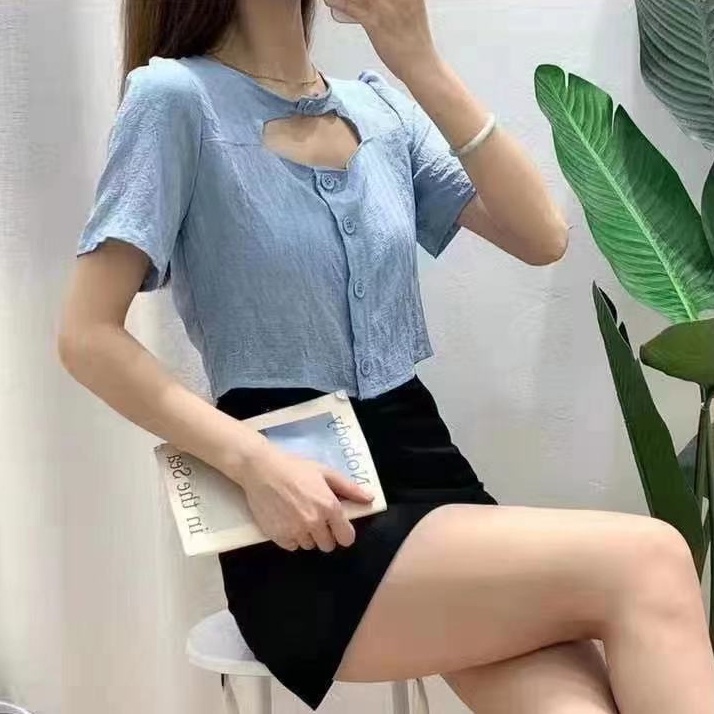 MOOGU ♡ Kaos crop top wanita seksi lengan pendek