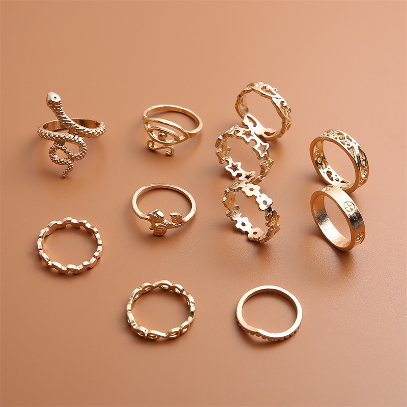 11 Pcs / Set Cincin Bentuk Geometris Aksen Berlian Kilau Untuk Wanita