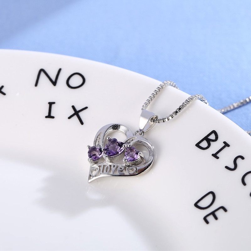 [Ready Stock]Fashion Simple Heart-Shaped Amethyst Pendant Silver Plated Clavicle Chain Necklace