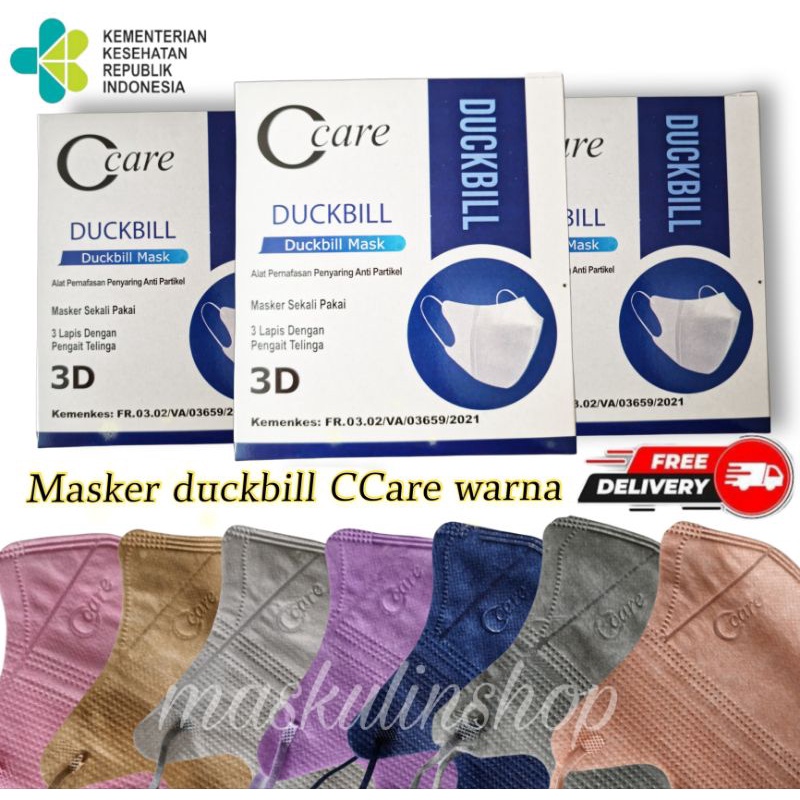 MASKER DUCKBILL C-CARE WARNA/ MASKER DUCKBILL 3 PLY WARNA 1 BOX ISI 50 PCS/ MASKER DISPOSABLE NON WOVEN KEMENKES