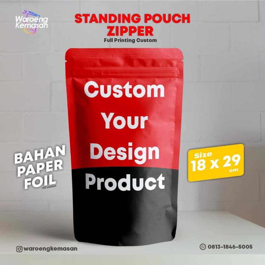 Custom Kemasan Standing Pouch Zipper Paper Foil 18 x 29 cm