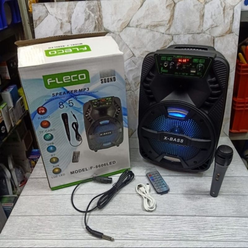 COD Speaker Bluetooth Fleco LED F-8606 Free Mic Speaker Karaoke 8,5inch