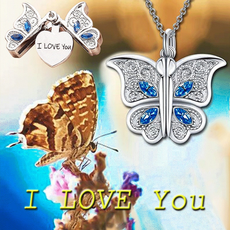 Kalung Rantai Sterling Silver 925 Dengan Liontin Kupu-Kupu + Tulisan I Love You Untuk Wanita