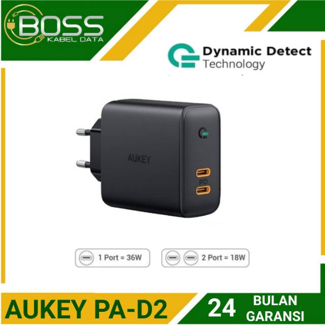 Aukey PA-D2 Dual Port Usb C Power Delivery 30watt  Dynamic Detect Teknologi Original Garansi