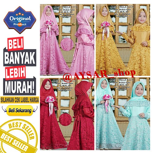 Gamis Anak SYARI MILA KIDS U 7-10 Th Brukat Satin Model Gaun Pesta Mewah FREE KHIMAR MSK002 Terlaris