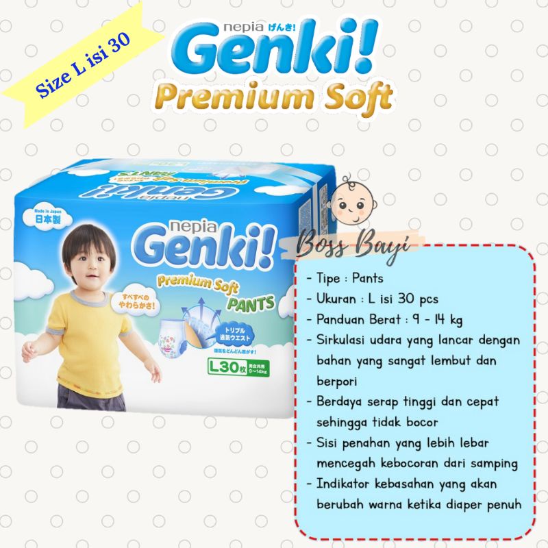 Nepia Genki Premium Soft Pants M32 / L30/ XL26 / Diapers Popok Celana Sekali Pakai Anak