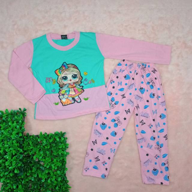 Ss#212 Setelan Anak Perempuan size 3-4tahun / Piyama Anak Cewek / Baju Lol / Baju nyala