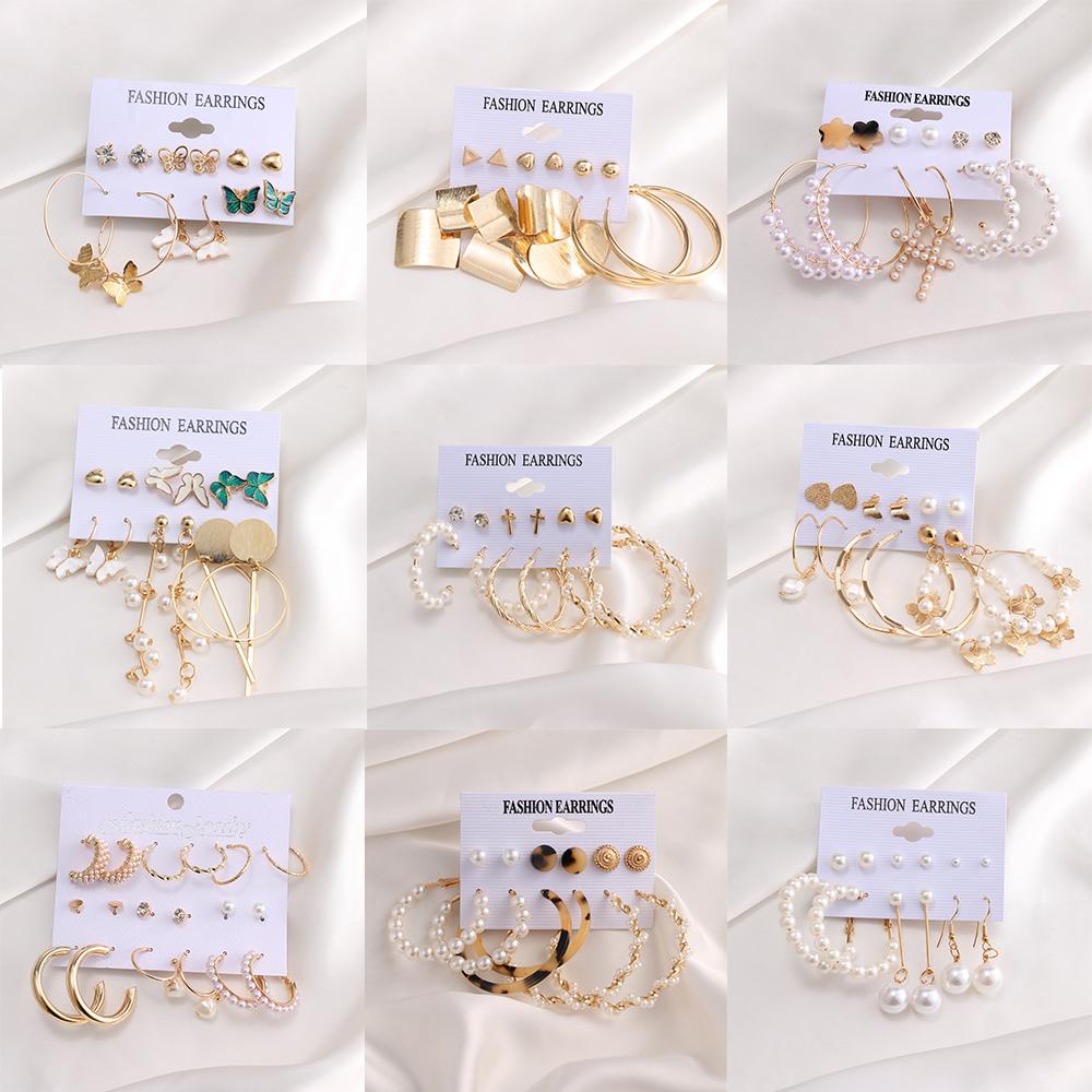 6 Pasang / Set Anting Tusuk / Bulat Gaya Korea Motif Nanas / Kupu-Kupu / Silang / Mutiara Untuk Perhiasan Wanita Butterfly