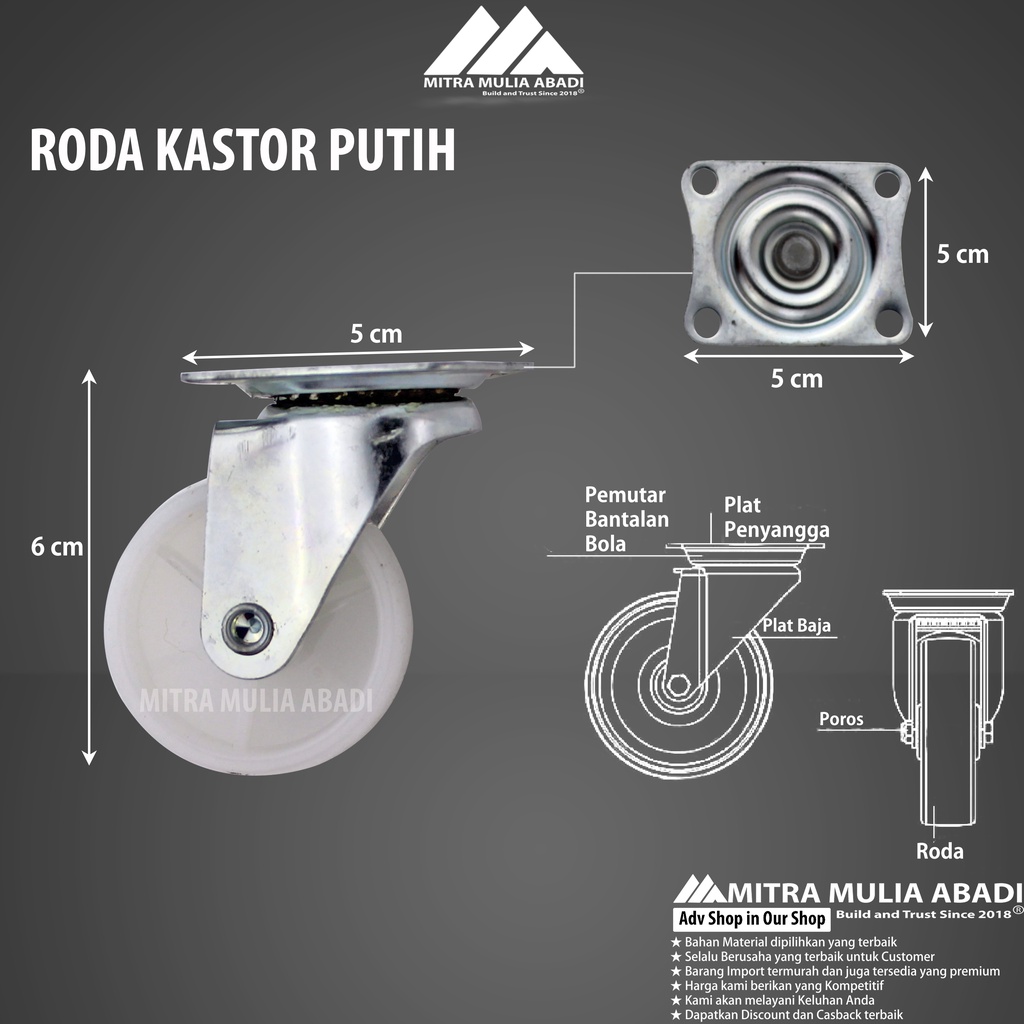 Roda Etalase Putih GNT 50mm (2 inch) 1pcs caster | roda caster