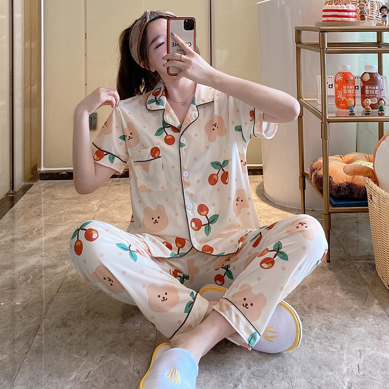 Piyama Baju Tidur Wanita Import Fashion Karakter CP Kerah Kemeja Lengan Pendek Celana Panjang-7421