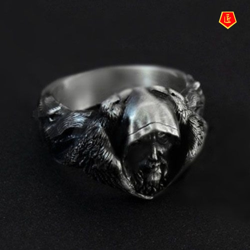 [Ready Stock]Creative Retro Odin God Viking Warrior Silver Black Ring