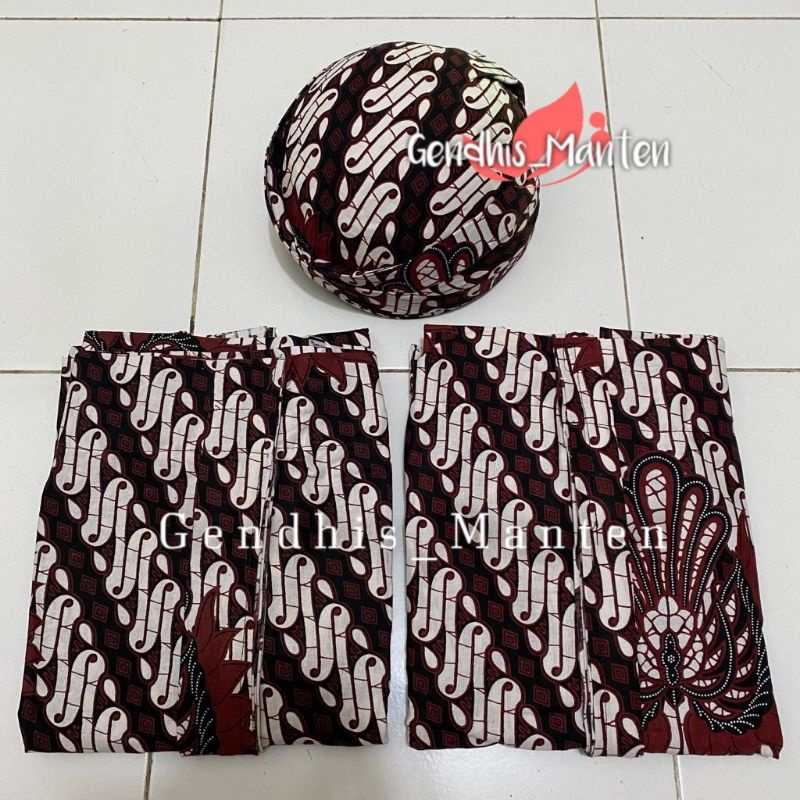 Set Blangkon + Sepasang Jarik Instan / Motif Parang Garuda, Cokelat