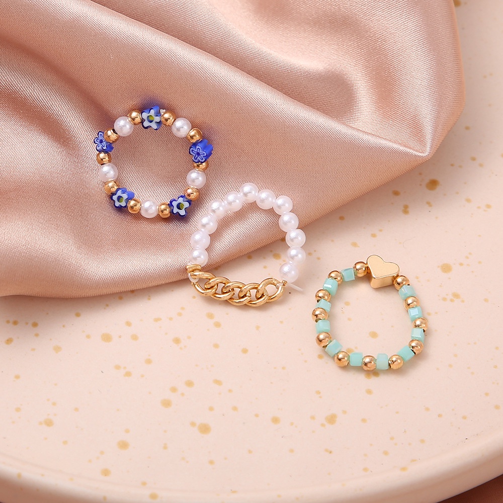 Colorful Rice Beads Rings Set Pearl Love Handmade Beaded Ring