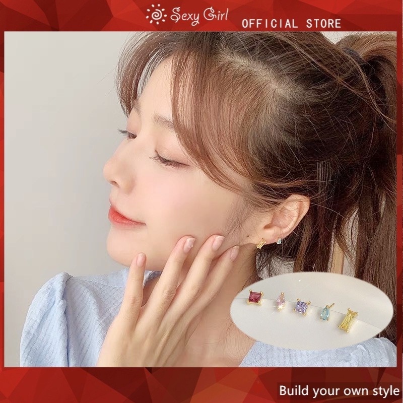 Anting Tusuk Gantung Bahan Sterling Silver 925 Hias Zircon Ada 5 Warna Gaya Korea / Sexy / Simple Untuk Wanita