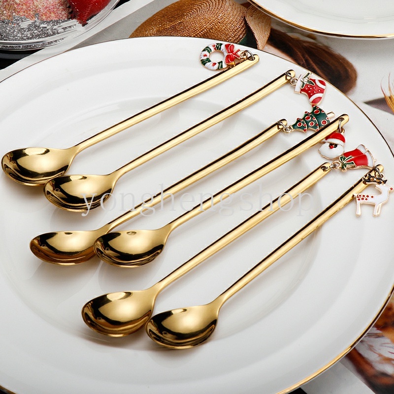 Sendok Kopi Gagang Panjang Bahan Stainless Steel Untuk Dekorasi Natal