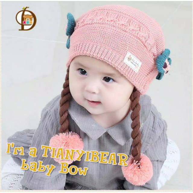 LKm027 TOPI RAJUT KEPANG DUA POMPOM / KUPLUK BAYI KEPANG-5
