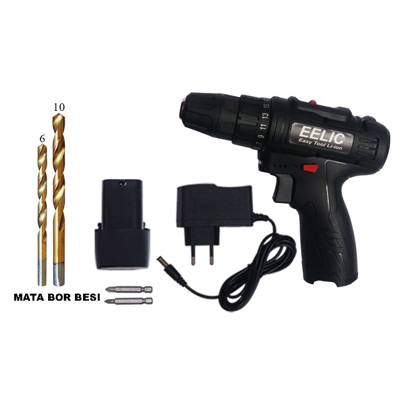 EELIC MEB-DC120 MIX7 Mesin Bor/Obeng Lithium Cordless drill + mata bor besi 6+10mm drill