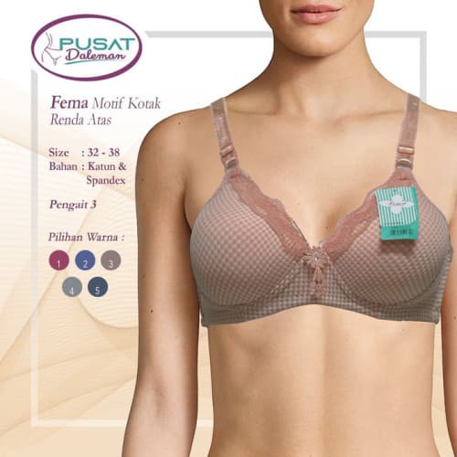 Termurah ECER BH BRA 1118 FEMA MOTIF KOTAK RENDA ATAS Pengait 3 - 36 Berkualitas
